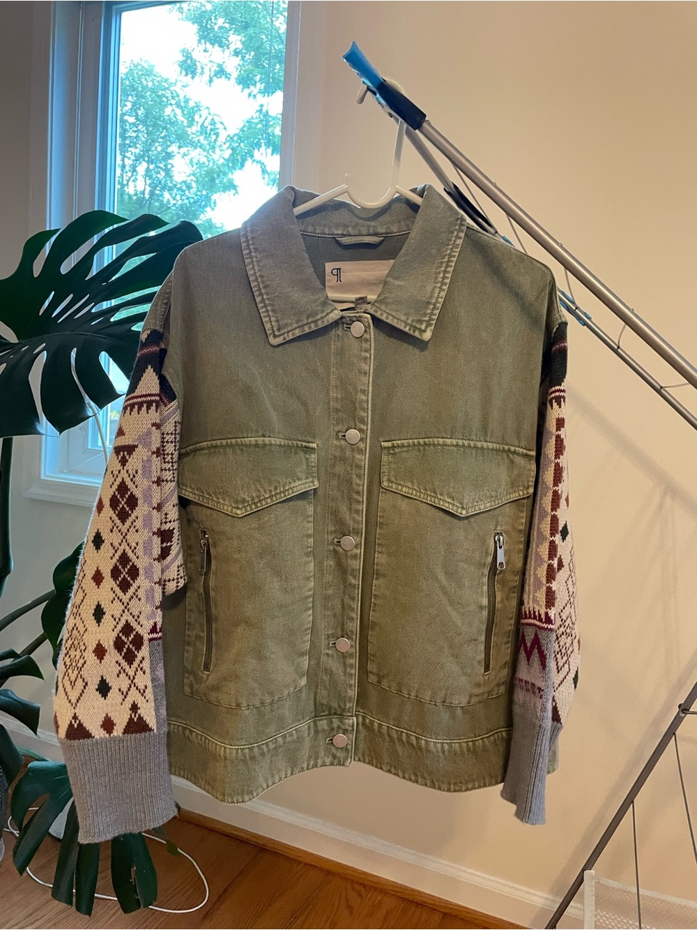Pilcro Olive Green Utility Jacket with Patterned Knit Sleeves